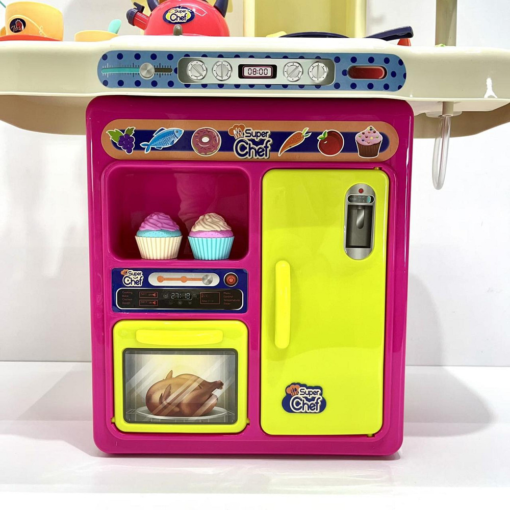 Кухня ігрова 42 предмети посуд продукти плита мийка-льюча вода пар музика світло на батарейках Рожева (16890B) Чернігів - фото 8