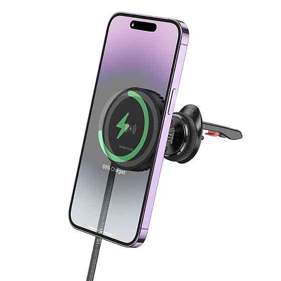 Тримач для мобiльного з БЗП BOROFONE BH207 Mona retractable magnetic wireless fast charging car holder(air outlet) Black (6941991108617) Київ