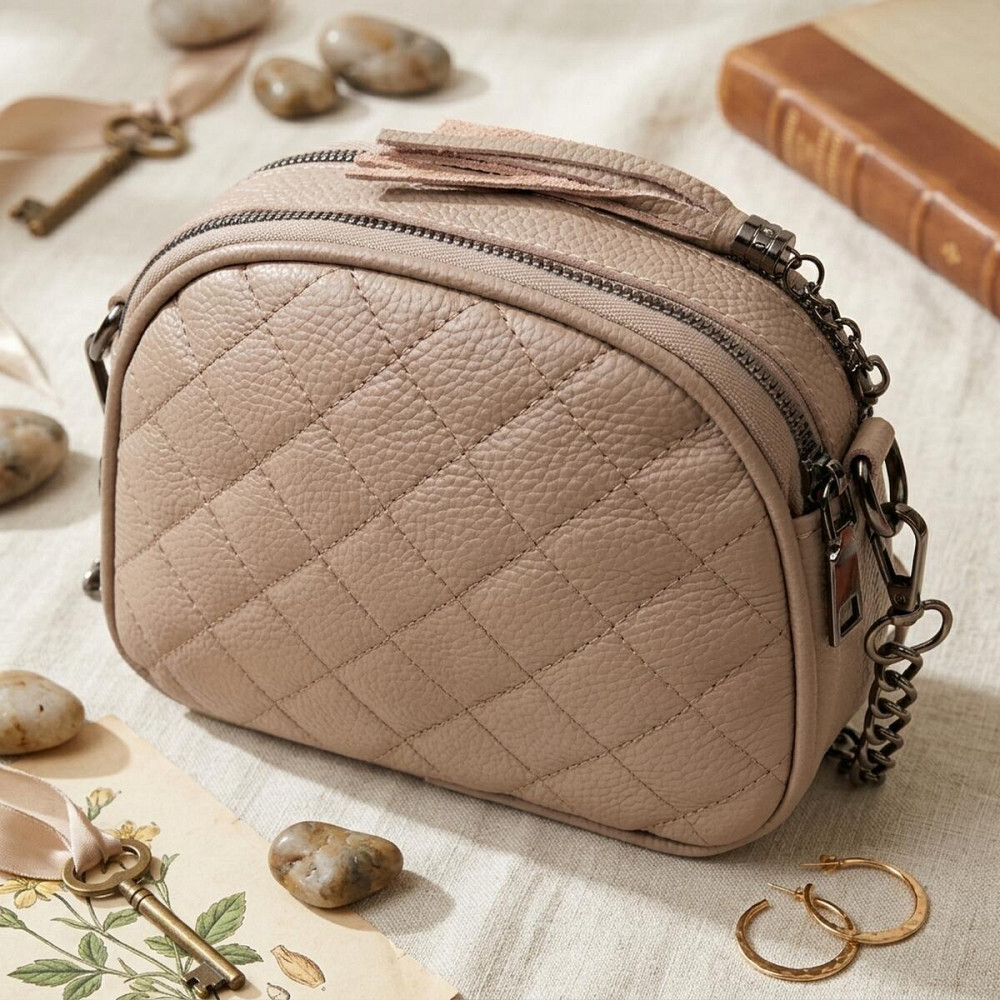 Зручна жіноча стьобана сумка з м'якої натуральної шкіри Vintage 22328 Бежева Київ - фото 14