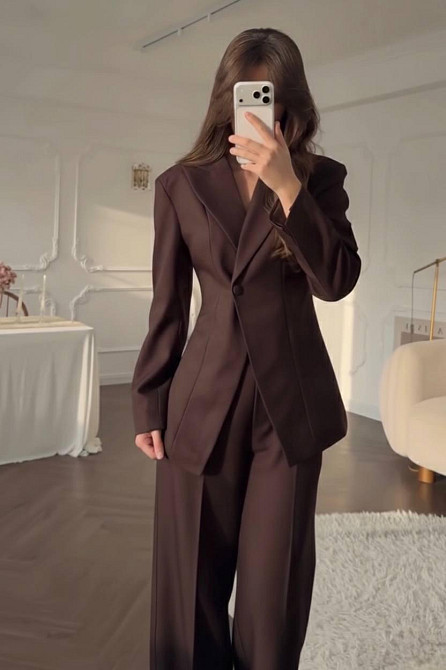 Жіночий стильний класичний костюм-двійка люкс + підкладка та плічка Шоколад, 46/48 Одеса - фото 3