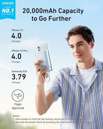 Повербанк Anker Zolo 20000 мАч 30 Вт, быстрая зарядка USB-C, встроенный кабель, ActiveShield 2.0, синий Киев