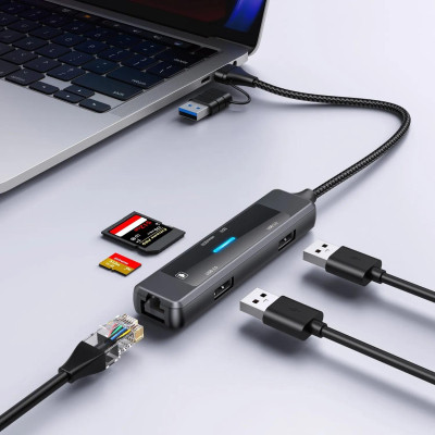 Концентратор XoKo USB-C 5-in-1 USB 3.0 + USB 2.0 + SD/TF + RJ45 100Mbps silver (XK-AC-350) Вінниця - фото 10