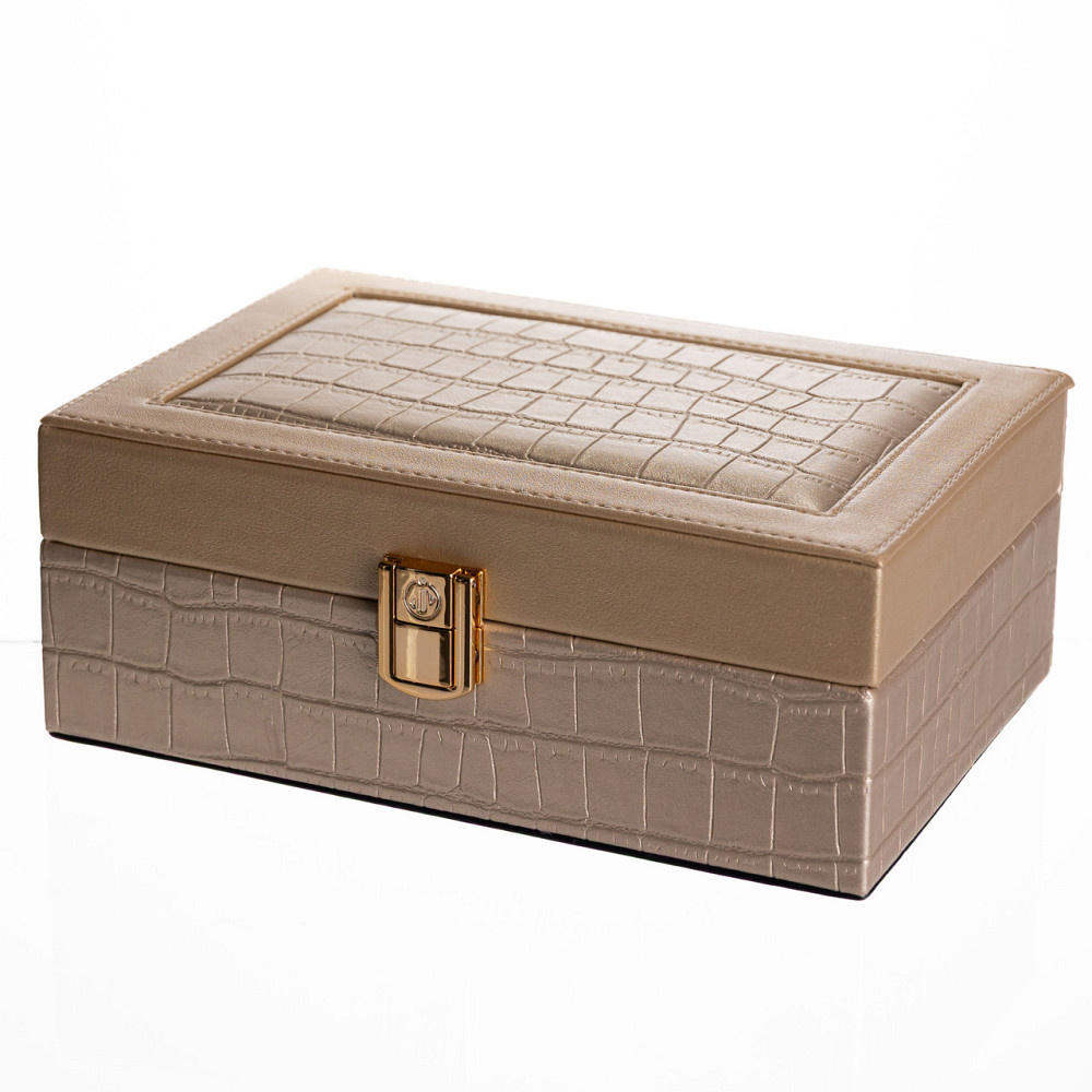 Скринька для прикрас з еко шкіри 10 відділень з дзеркалом 20×14×8 см Золотистий HP-5-19GOLD Київ - фото 1