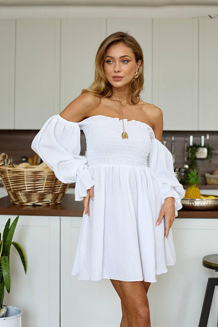 Жіноче стильне муслінове легке плаття з рукавами воланів бавовна 100% Молочний, 42/46 Одеса - фото 9