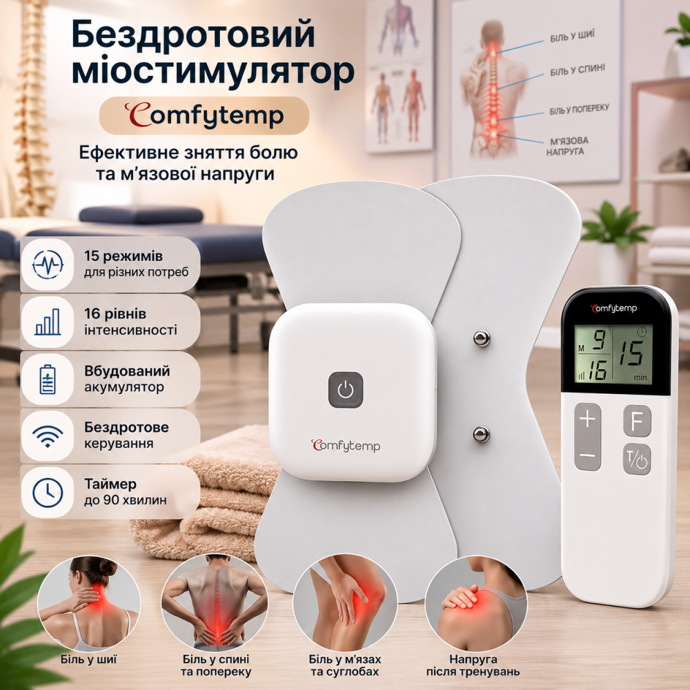 Бездротовий міостимулятор Comfytemp TENS для зняття болю, 15 режимів, 16 рівнів, акумуляторний, портативний Київ - фото 16