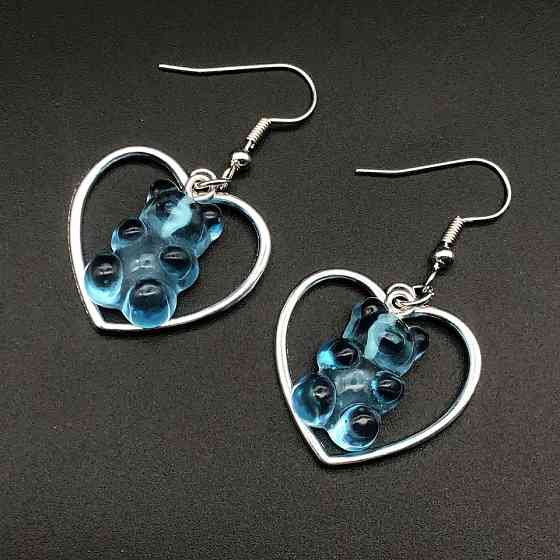 Серьги мармеладные мишки в сердечке голубые - размер мишки 2,3*1,8см, смола Киев