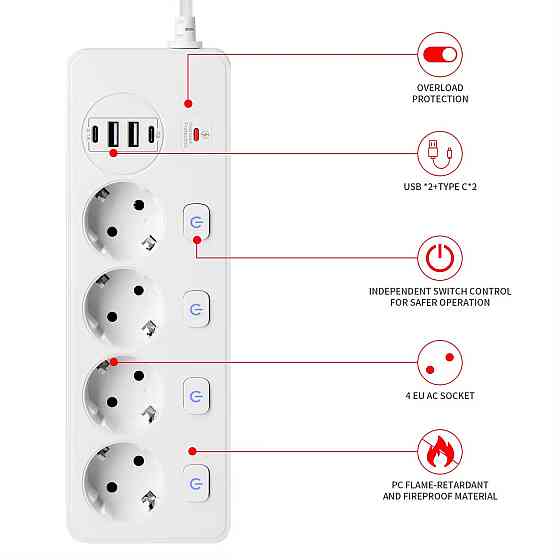 Мережевий фільтр BKL-505 2 USB + 2 TYPE-C, 100-250V, 13А, 5 розеток, білий Кам'янець-Подільський
