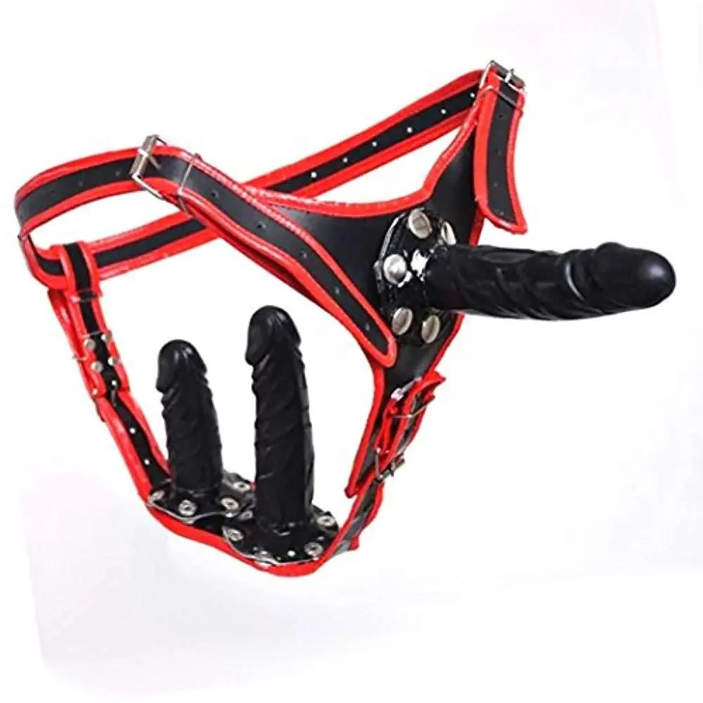 Страпон DS Fetish с тремя фаллоимитаторами, на трусиках, экокожа, красно-черный Sex Aura Киев - изображение 1