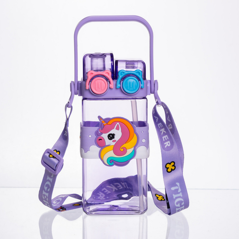 Пляшка для води дитяча з трубочкою 550 мл з ручкою та ремінцем 19 см Фіолетовий HP-18-3V Коломия - фото 1