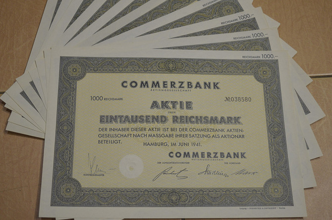 Акція. Німеччина. Commerzbank Hamburg 1000 reichbank 1941 рік aUNC-UNC (5 - 22) Полтава - фото 1
