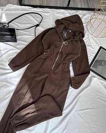 Женский теплый комбинезон на молнии с капюшоном из двухстороннего флиса Шоколад, 46/48 Одесса