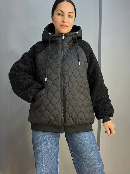 Куртка жіноча DARK SNOW 2355 стегана ркува штучне хутро з капюшоном збільшені розміри чорна, чорний, Одеса - фото 1