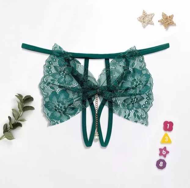 Трусики з розрізом мереживні жіночі універсальний зелений Київ - фото 1