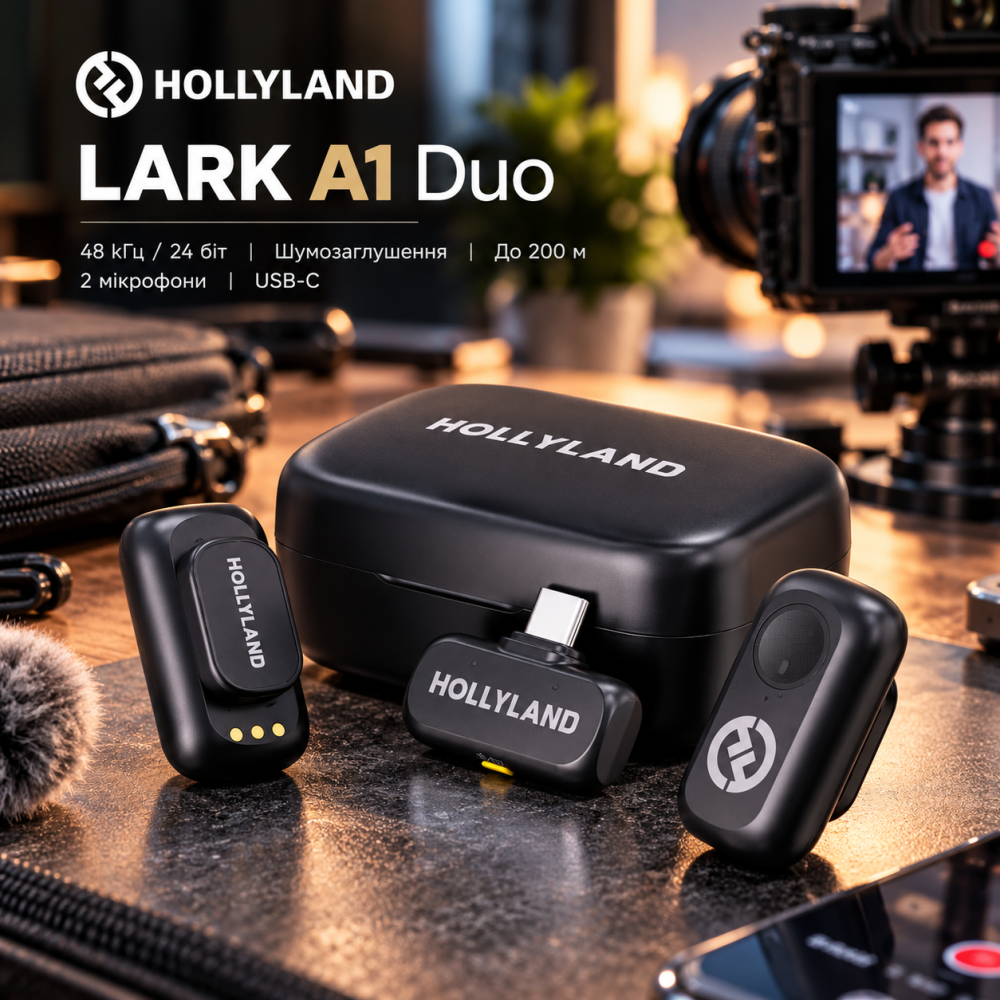 Бездротові мікрофони Hollyland LARK A1 Duo, 2 шт., USB-C, 48 кГц/24 біт, шумозаглушення, до 200 м, зарядний кейс Київ - фото 1