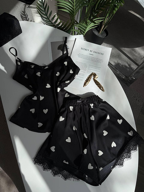 Жіноча базова повсякденна домашня шовкова піжама з мереживом Чорний, 44/46 Одеса - фото 7