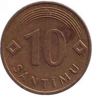 Монета 10 сантимов. 1992 год, Латвия.(АО) Полтава