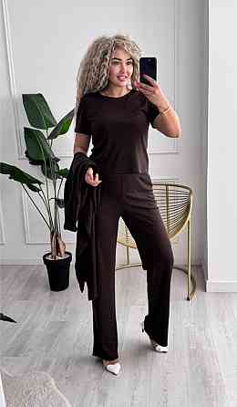 Женский базовый прогулочный костюм тройка: кардиган футболка и штаны трикотажный рубчик Шоколад, 52/54 Одесса