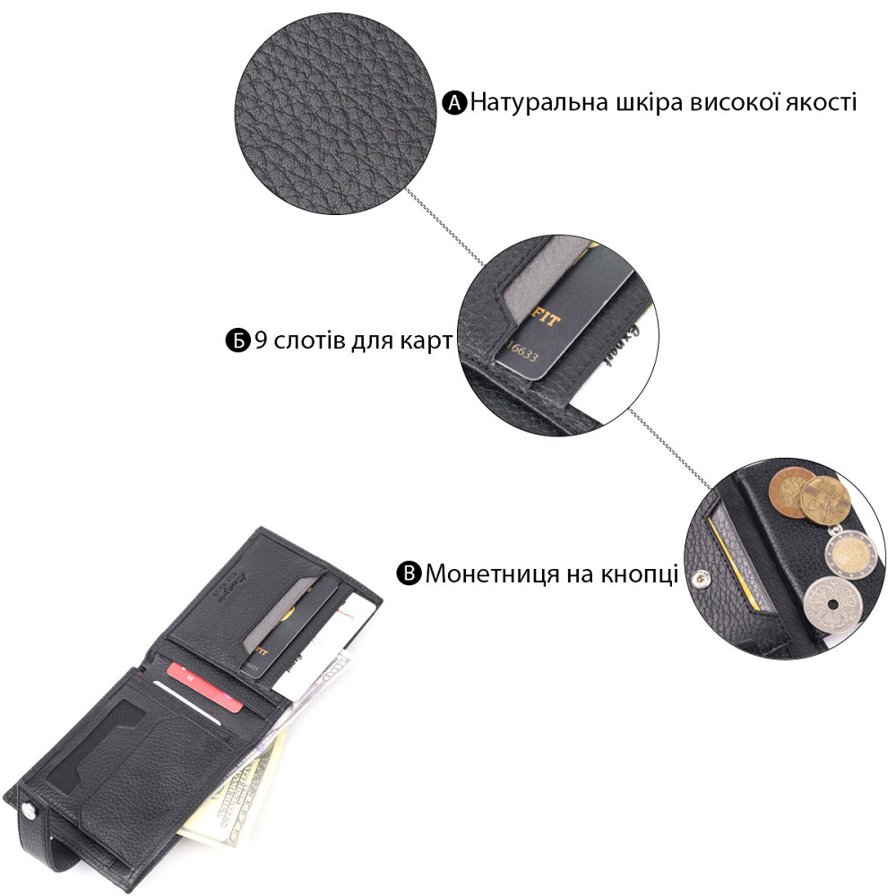 Классический мужской кошелек из натуральной кожи Черный (KARYA) Киев - изображение 8