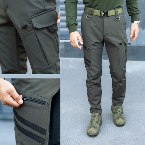 Чоловічі Штани Карго Pobedov Static тактичні штани Softshell з кишенями мікрофліс хакі Одеса