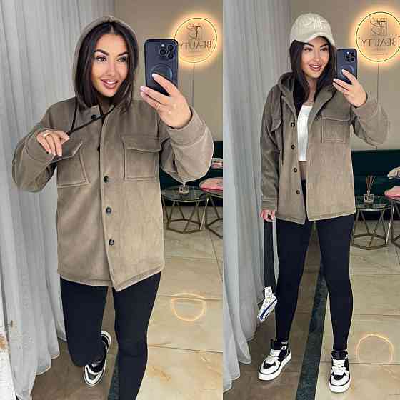 Женская теплая рубашка на пуговицах с капюшоном и двумя накладными карманами турецкий плотный флис Бежевый, 46/48 Одесса