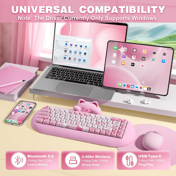 Механічна клавіатура YUNZII C68 Cute Cat 65% RGB, Bluetooth/2.4G/USB-C, Hot Swap, Milk Switch, рожева Київ