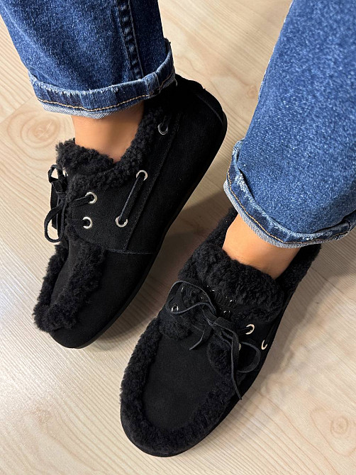 Ботинки женские Hengji 992-1 замшевые мокасины на меху с опушкой черные, 38, 24,5 см Киев - изображение 11