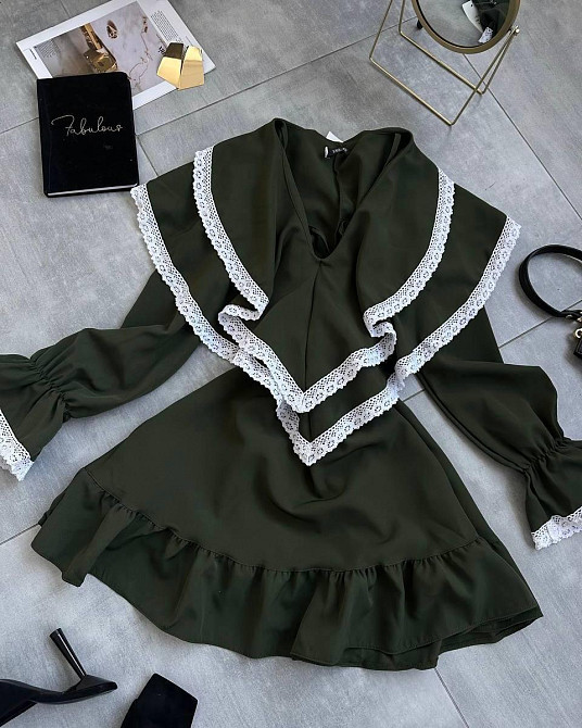 Женское романтичное платье с длинным рукавом костюмка + кружево Хаки, 42/44 Одесса - изображение 4