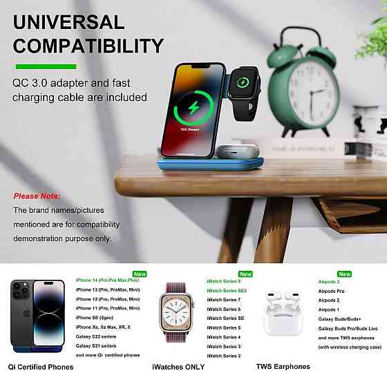 Бездротова зарядна станція 3в1 Minthouz, 18W, для iPhone, Apple Watch, AirPods, QC3.0, Type-C, синя Київ