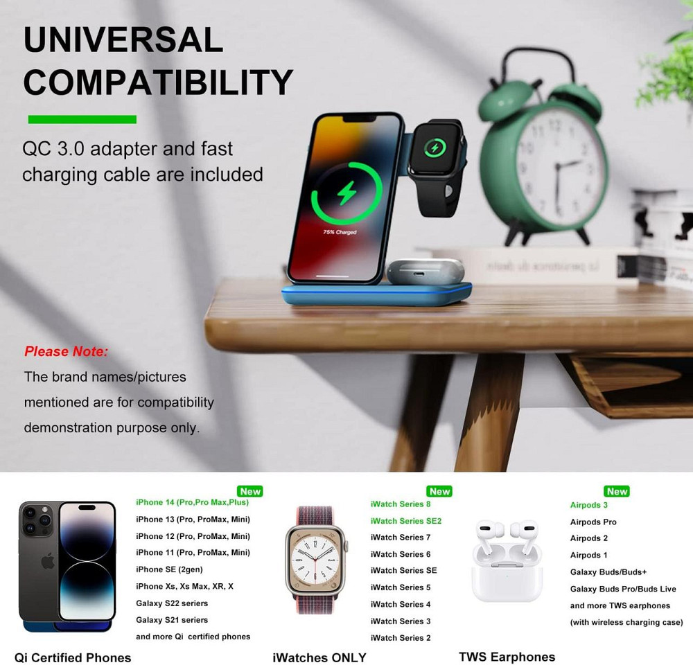 Бездротова зарядна станція 3в1 Minthouz, 18W, для iPhone, Apple Watch, AirPods, QC3.0, Type-C, синя Київ - фото 2