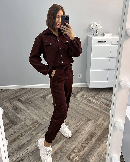 Женский стильный базовый костюм двойка из микровельвета Шоколад, 46/48 Одесса - изображение 2