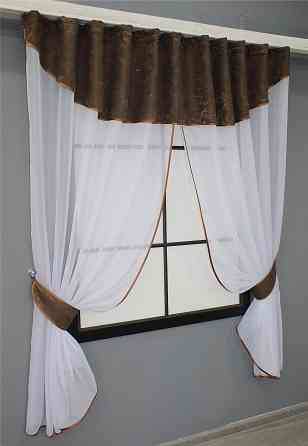 Кухонный комплект VR-Textil № 084к шторки с ламбрекеном белый с коричневым 270х170 см (52-0818) Киев