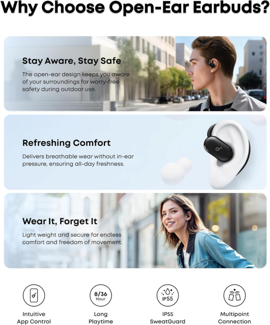 Беспроводные наушники Anker Soundcore V20i Black открытые Bluetooth 5.4 спортивные влагозащищенные наушники с BassUp Киев - изображение 8