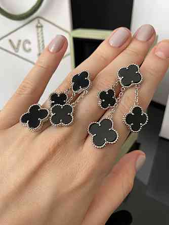 Сережки Van Cleef длинные на 4 элемента черная эмаль покрытие белым золотом / упакованы в мешочек Одесса
