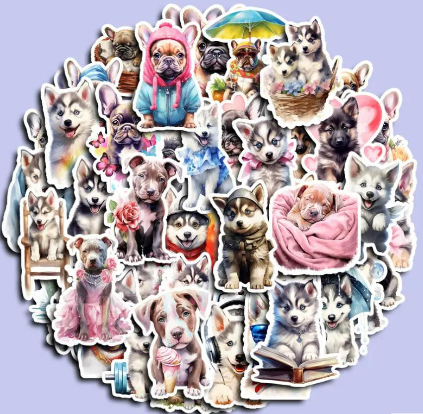 Наклейки Стікери милі цуценята. Водонепроникні Вінілові Естетичні Наклейки з собаками для Пляшки Води, Ноутбука, Набір 25 штук. Київ - фото 2