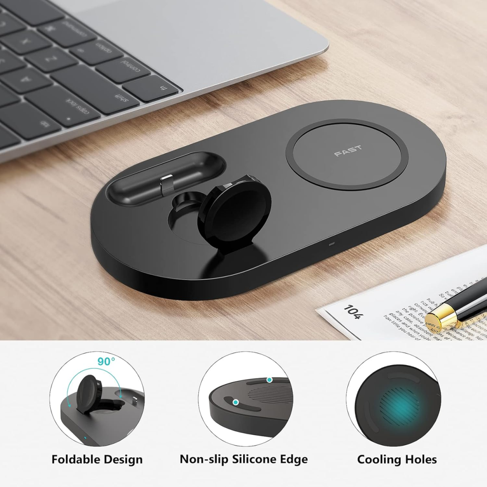 Беспроводная зарядная станция 3 в 1 ESTAVEL Black Fast Wireless Charger (15 Вт, Qi док-станция) для iPhone, Samsung, Apple Watch, Киев - изображение 4