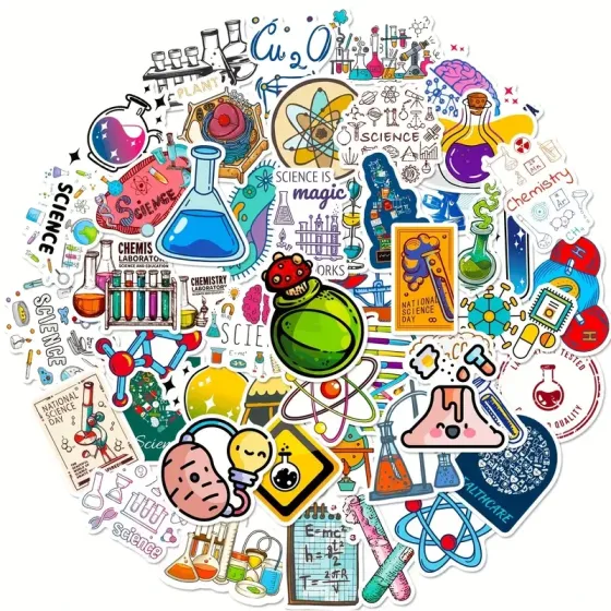 Набор научных наклеек 50 шт – стикеры по химии, биологии, физике для ноутбука, бутылки, скрапбукинга Киев