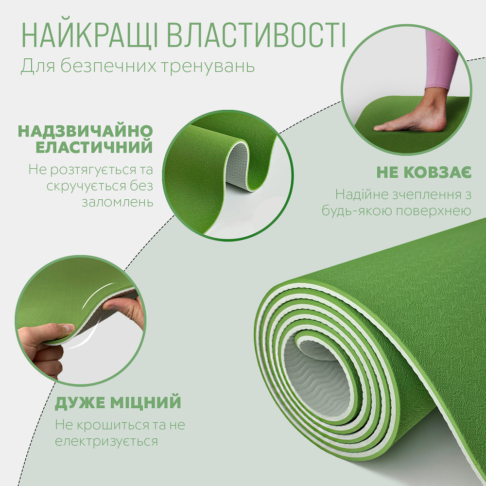 EasyFit Килимок для йоги та фітнеса EasyFit TPE+TC 6мм двошаровий + Чохол зелений з сірим Коломия - фото 9
