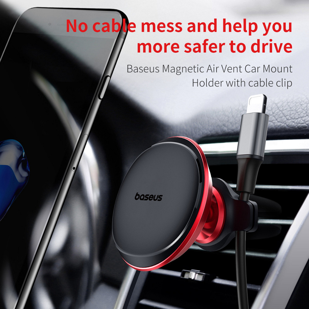 Автотримач для телефона Baseus Magnetic Air Vent Car Mount Holder with cable clip Black Ковель - изображение 10
