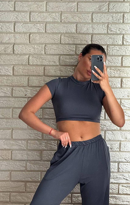 Жіночий прогулянковий костюм-двійка: топ і штани з натуральної віскози Графіт, 46/48 Одеса - фото 4