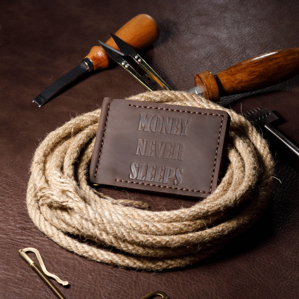 Затиск для грошей чоловічий для купюр з натуральної шкіри, місткий гаманець на кнопці, коричневийMasterSem Київ - фото 1