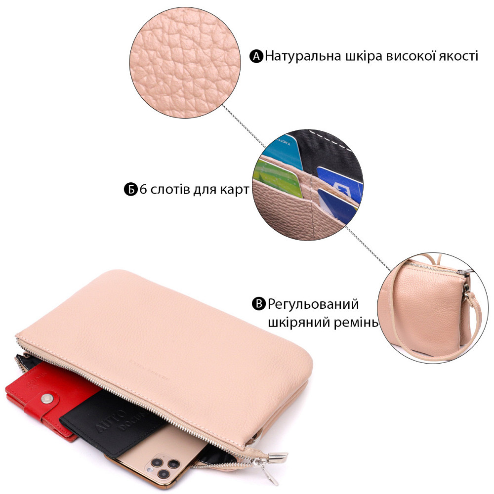 Чарівний жіночий клатч із натуральної зернистої шкіри Пудровий (GRANDE PELLE) Київ - фото 9