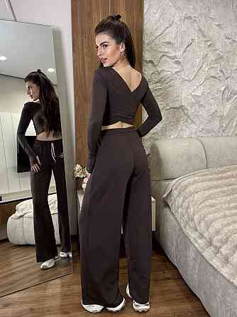 Женский прогулочный костюм двойка: топ с длинным рукавом и штаны турецкая двухнить. Темный шоколад, 46/48 Одесса