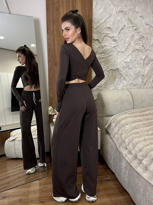 Жіночий прогулянковий костюм двійка: топ з довгим рукавом та штани турецька двохнитка. Темний шоколад, 46/48 Одеса - фото 2