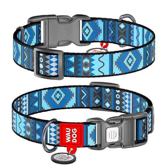 Нашийник для собак нейлоновий WAUDOG Nylon з QR паспортом, малюнок "Етно синій", пластиковий фа Коломия