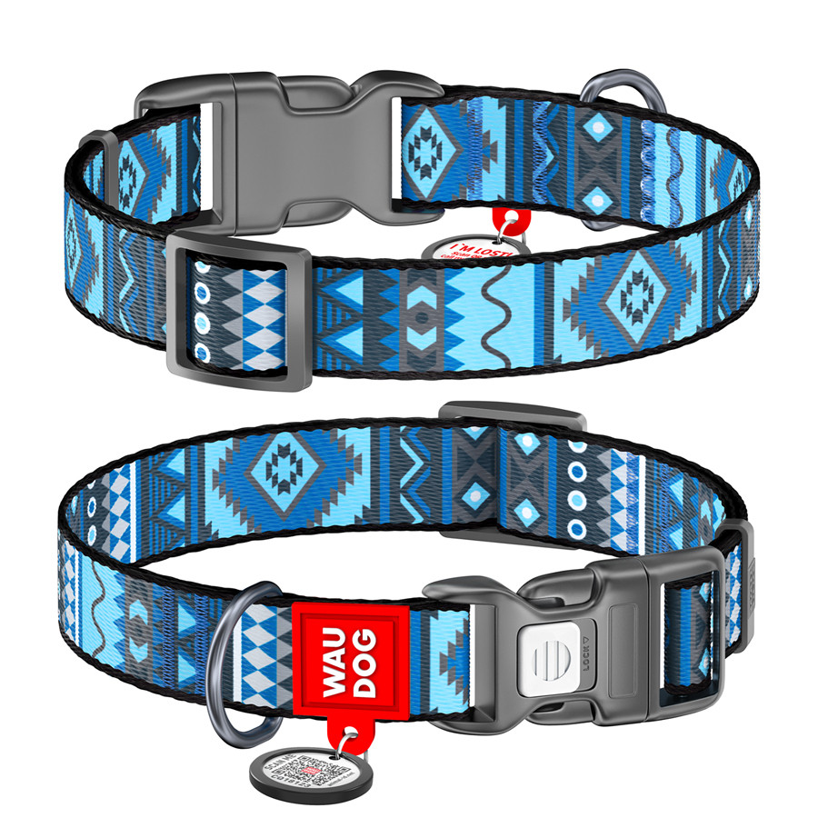 Нашийник для собак нейлоновий WAUDOG Nylon з QR паспортом, малюнок "Етно синій", пластиковий фа Коломия - фото 1