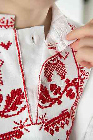 Вишиванка дитяча для хлопчиків підлітків, льон, біла, довгий рукав, українська Київ