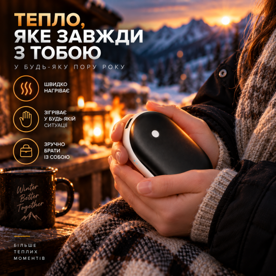 Акумуляторна грілка для рук, 3 режими нагріву 40/50/55°C, портативна кишенькова USB-грілка, чорна Київ