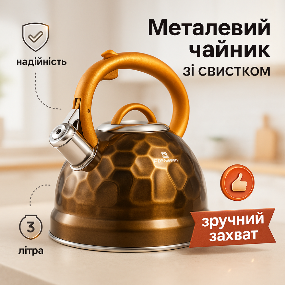 Чайник газовый 3л, Хороший чайник для газовой плиты с утолщенным дном и прорезиненной ручкой UE-41 Львов - изображение 11