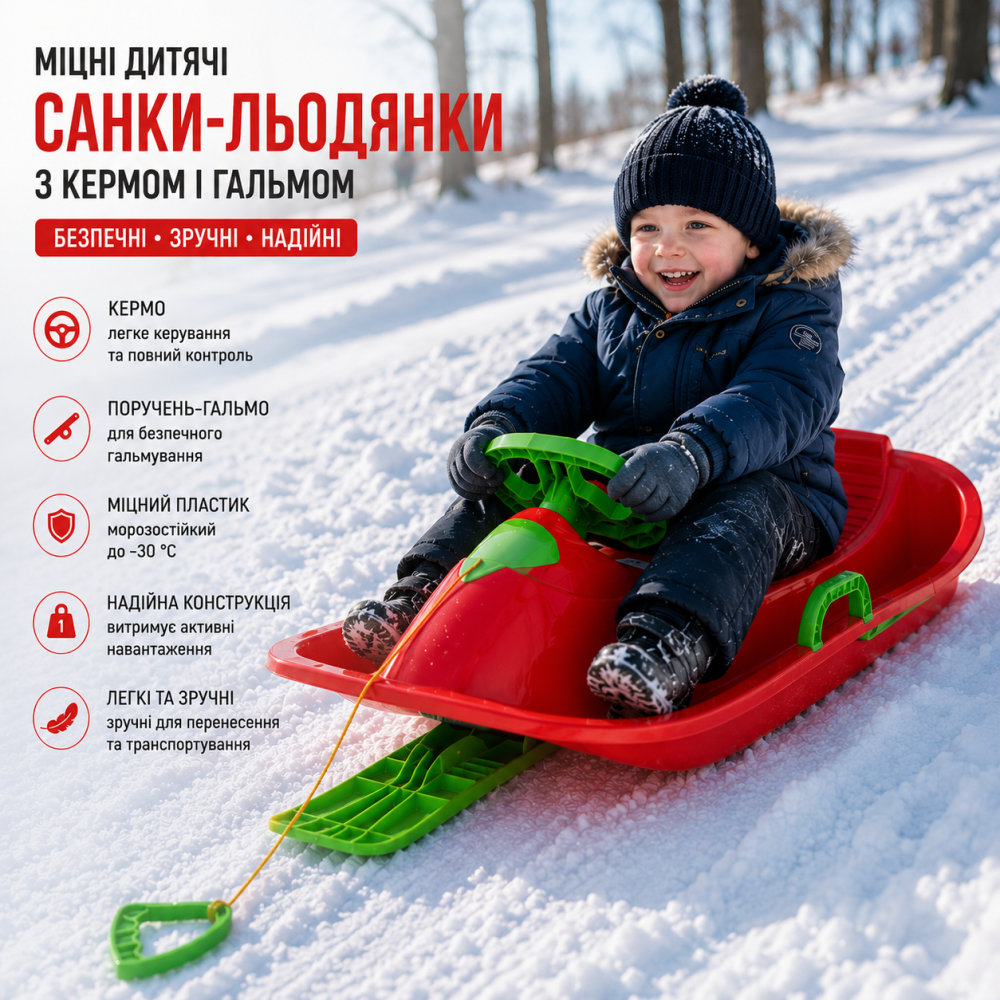 Прочные детские санки-ледянки с рулём и поручнем-тормоз из морозостойкого пластика, красная Киев - изображение 10