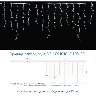 Гірлянда Delux ICICLE flash 108LED 2 х 1 м теплий білий / білий IP44 EN (90012948) Вінниця - фото 3